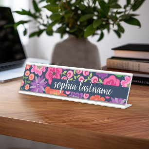 Flat Floral Pattern Handwritten Signature - navy Desk Name Plate