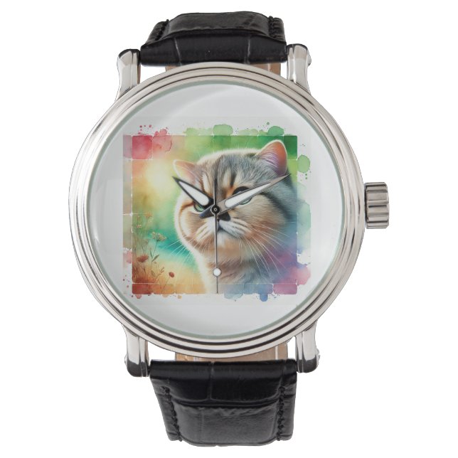 Flat Headed Cat 310724AREF106 - Watercolor Watch (Front)