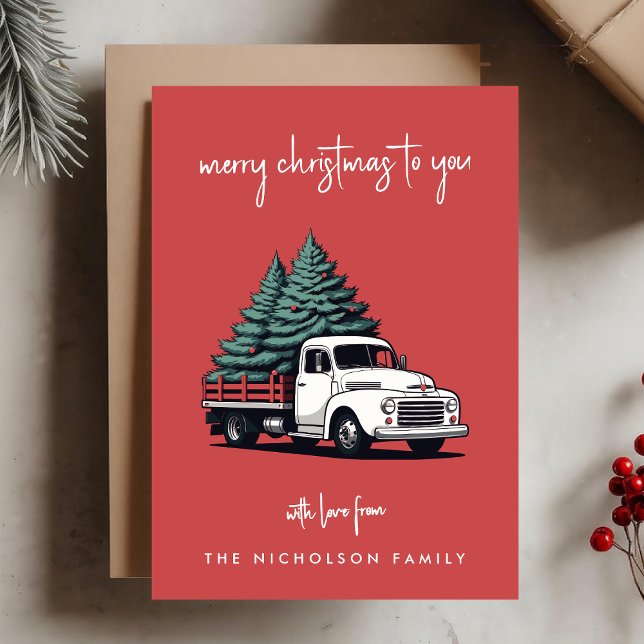 Flat Holiday Card | Christmas Tree Delivery Truck ( A vintage inspired delivery truck flat holiday card design with retro festive flair)