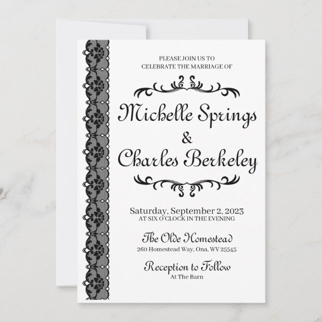 Flat Invitation Elegant Black Lace Wedding Invites (Front)