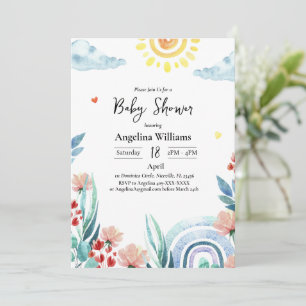 Flat lay baby shower invitation card with design.