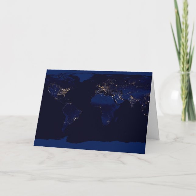 Flat Map Of Earth Showing City Lights Of World Card (Front)