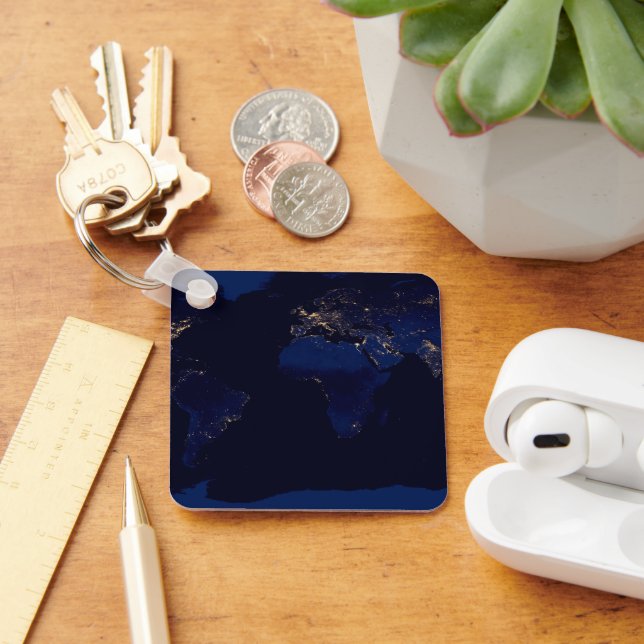 Flat Map Of Earth Showing City Lights Of World Key Ring (Desk)