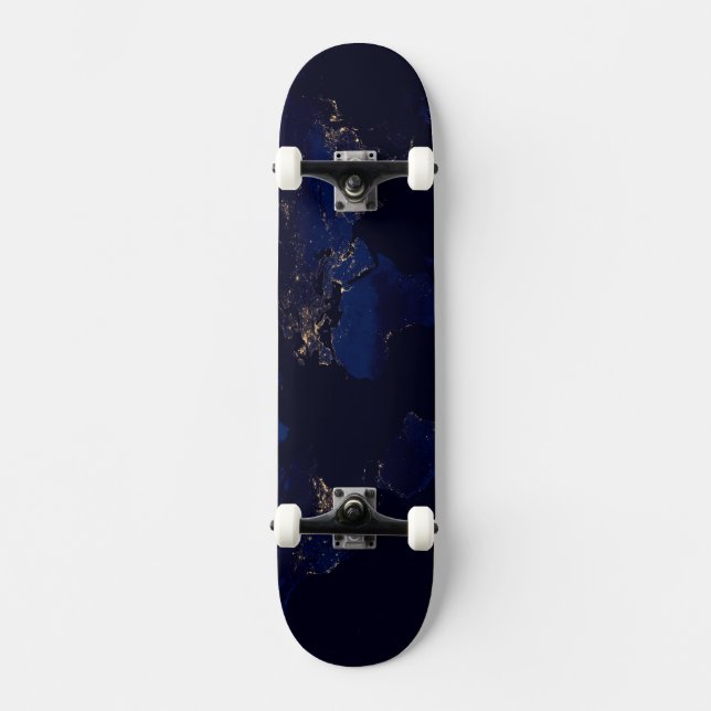 Flat Map Of Earth Showing City Lights Of World Skateboard (Front)