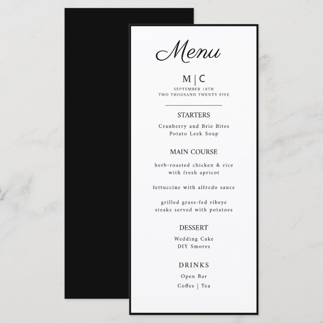 Flat Menu wedding Minimalist modern.  (Front/Back)