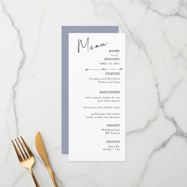 Flat Menu wedding Minimalist modern.  (Front/Back In Situ)