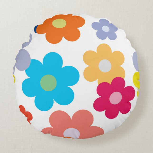 Flat Multi-Coloured Floral Pattern Round Cushion (Front)
