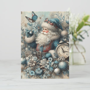 Flat Non-Photo Vintage Blue Santa Christmas Card