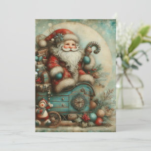 Flat Non-Photo Vintage Blue Santa Christmas Card