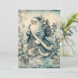 Flat Non-Photo Vintage Blue Santa Christmas Card