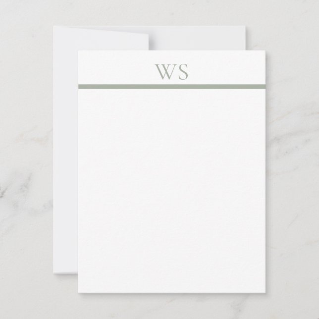 Flat Note Card Sage Green Bar Monogram Stationery (Front)