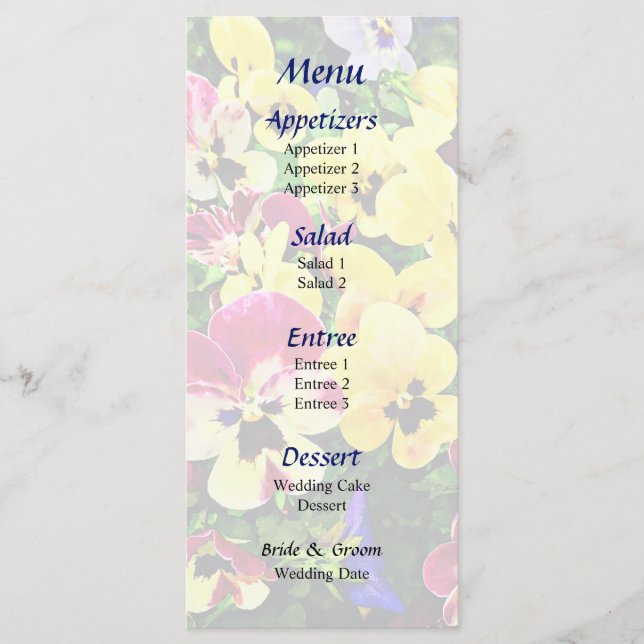 Flat of Pansies Mixed Colours Wedding Menu (Front)