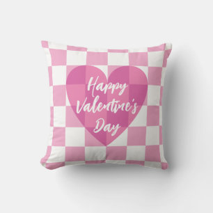 Flat Pink Heart Check Happy Valentine's Day Cushion