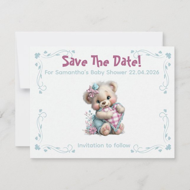 Flat Save The Date Card Teddy Bear Baby Shower (Front)