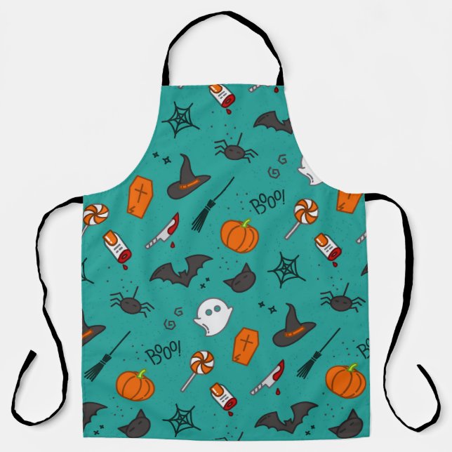 Flat-Style Halloween Turquoise Pattern. Apron (Front)