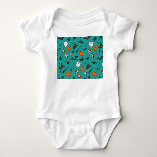 Flat-Style Halloween Turquoise Pattern. Baby Bodysuit (Front)