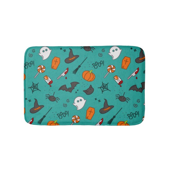 Flat-Style Halloween Turquoise Pattern. Bath Mat (Front)