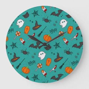Flat-Style Halloween Turquoise Pattern. Large Clock