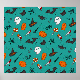 Flat-Style Halloween Turquoise Pattern. Poster