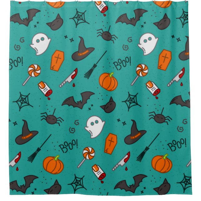 Flat-Style Halloween Turquoise Pattern. Shower Curtain (Front)
