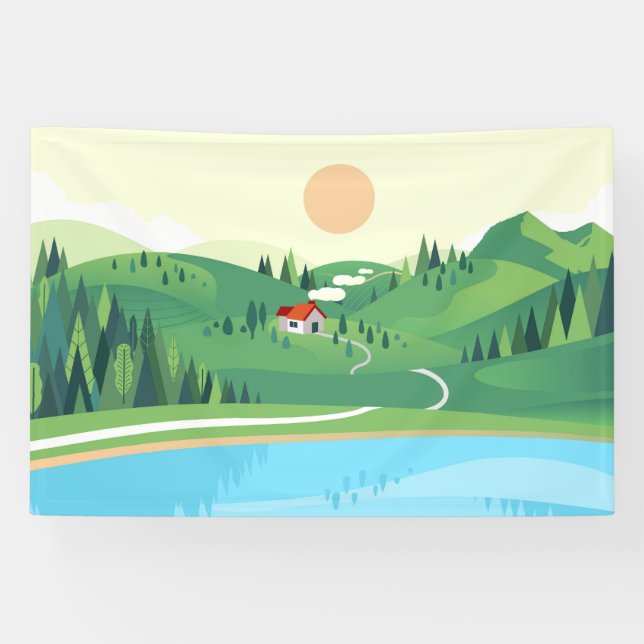 Flat style of house in the hill banner (Horizontal)