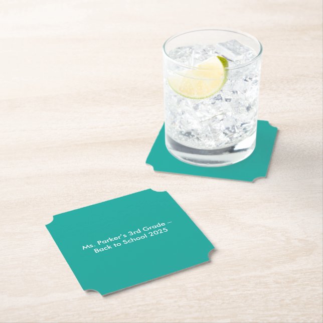 Flat Teal Background – Back-to-School Texture Paper Coaster (Insitu)