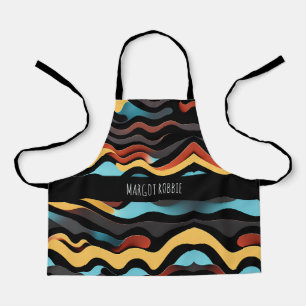 Flat Waves Yellow Blue Retro Geometric Pattern Apron