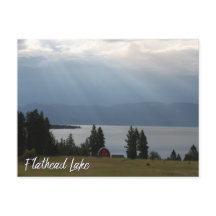 Flathead Lake Montana with Mountains Trees Barn