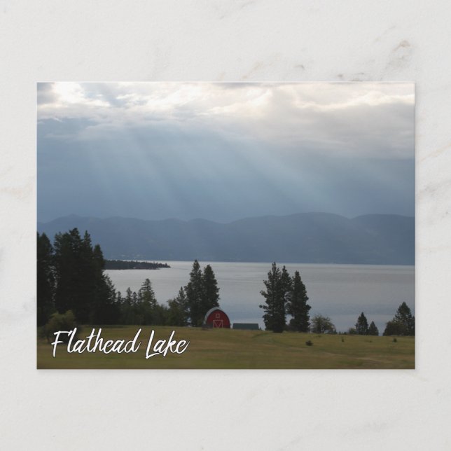 Flathead Lake Montana with Mountains Trees Barn Postcard (Front)
