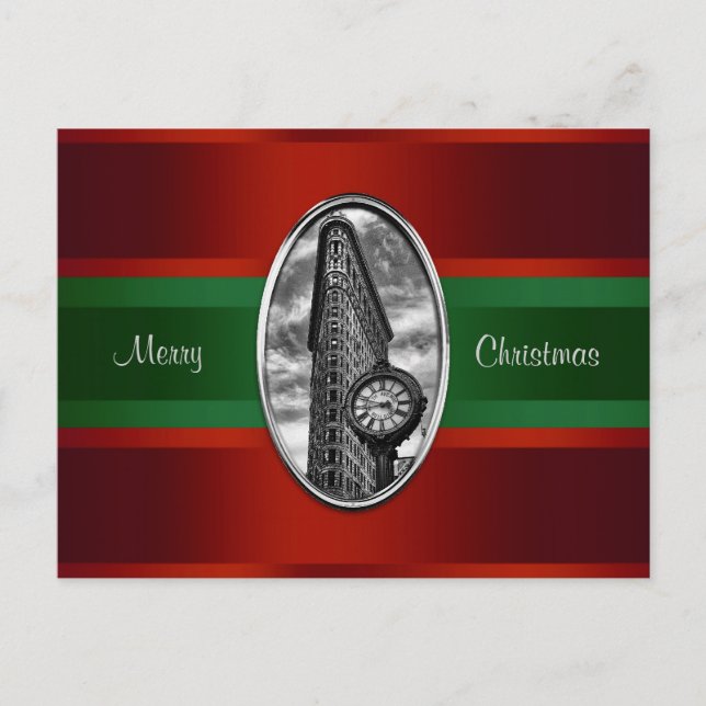 Flatiron Bldg Red Gradient, Red Grn Ribbon Xmas Holiday Postcard (Front)