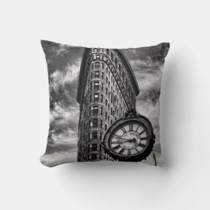 Flatiron Building and Clock in Black and White Cushion