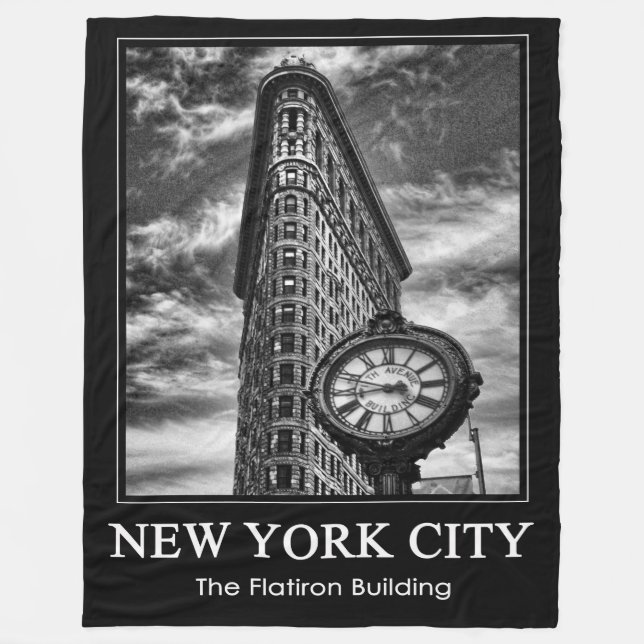 Flatiron Building and Clock in Black and White Fleece Blanket (Front)