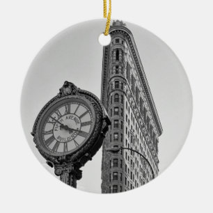 Flatiron Building and Clock in Black White #2 Ceramic Tree Decoration