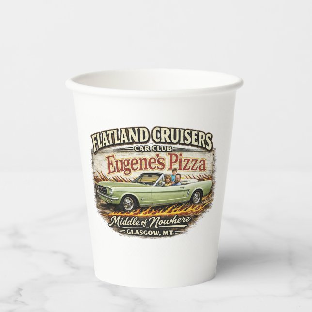 Flatland Cruisers Car Club–Eugene's Pizza Paper Cups (Front)