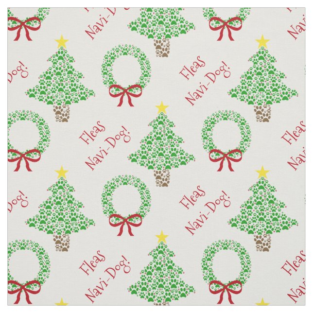Fleas Navi-Dog Paw Print Christmas Trees & Wreath Fabric (Swatch)
