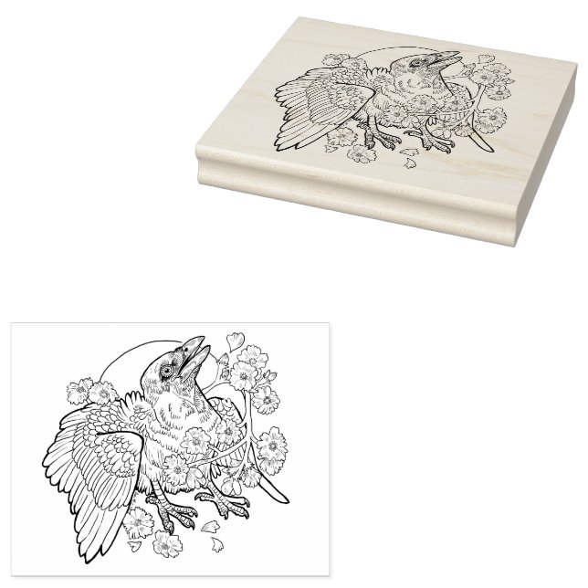 Fledgeling Raven with apple blossums Rubber Stamp (Stamped)