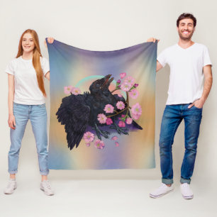 Fledgling Crow with apple blossoms  Fleece Blanket