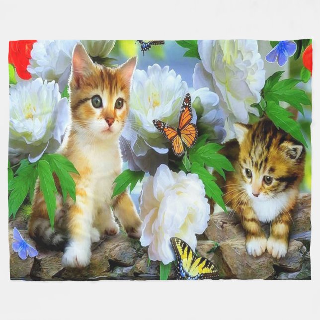 Fleece Blanket/Kittens, Butterflies & Flowers Blanket (Front (Horizontal))