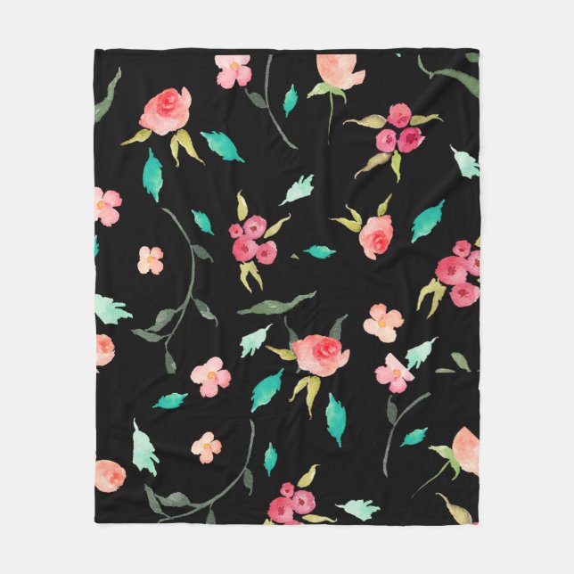 Fleece Blanket Watercolor Flower Fields, Black (Front)