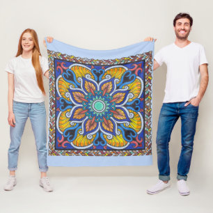 Fleece blanket with blue "Dutch tile" mandala