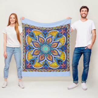 Fleece blanket with blue "Dutch tile" mandala