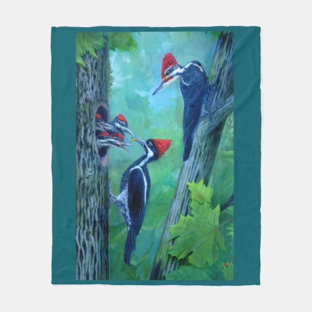 Fleece Blanket Woodpecker Family Warm  (Front)