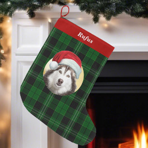 Fleece Dog Santa Hat Photo Christmas Plaid Name Sm Large Christmas Stocking