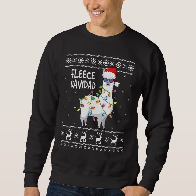 Fleece Feliz Navidad  Llama Ugly Christmas Sweater (Front)