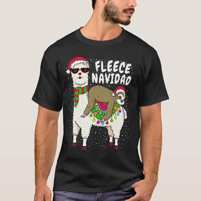 Fleece Feliz Navidad Sloth Riding Llama Christmas  T-Shirt (Front)