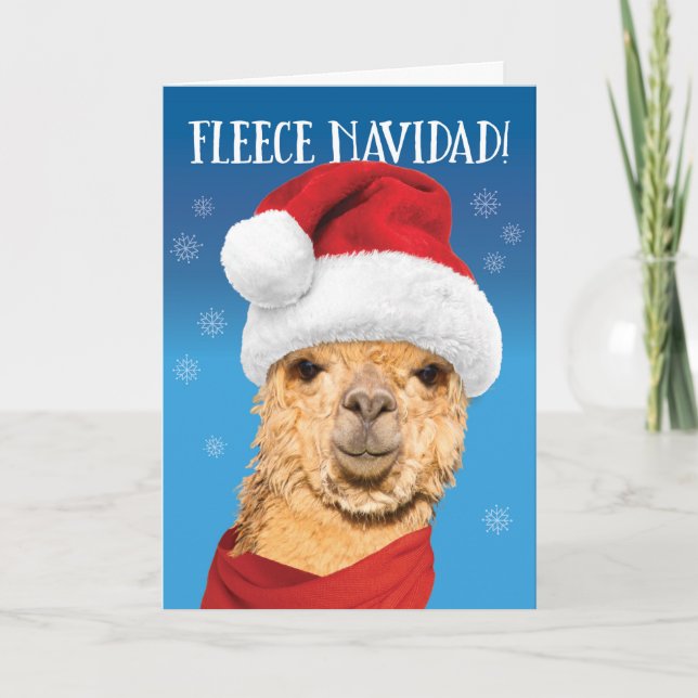 Fleece Navidad Cute Alpaca in Santa Hat Christmas Holiday Card (Front)