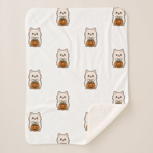 Fleecedeken Halloween — Schattige Pomeranian Sherpa Blanket (Front)