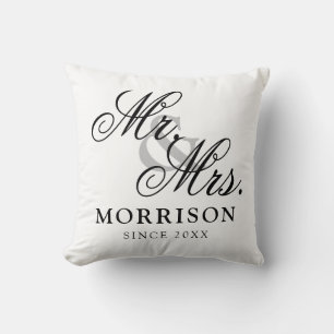 Flemish Minimalist Elegant Script Mr and Mrs Cushion