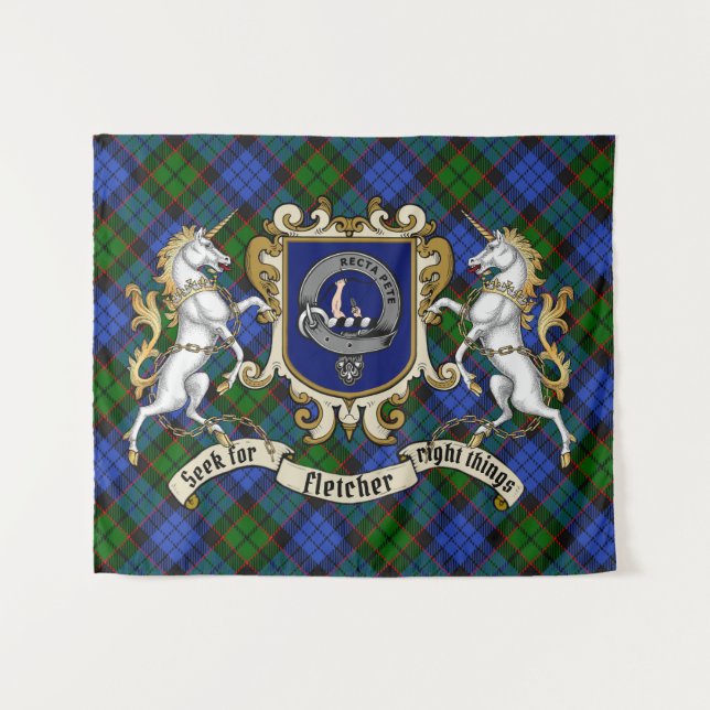 Fletcher Clan Badge & Unicorns w/Tartan  Tapestry (Front (Horizontal))
