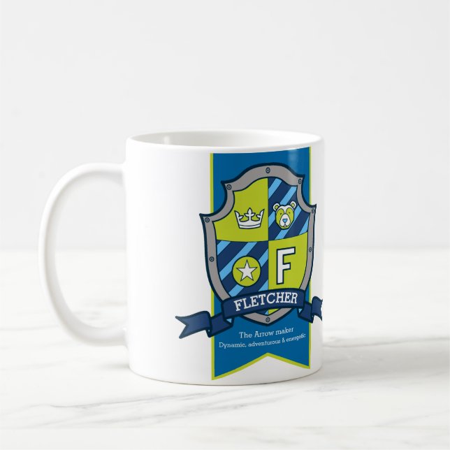 Fletcher letter F crest blue green name meaning Coffee Mug (Left)